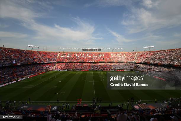 General view inside the stadium as fans begin to take their seats prior to the UEFA Europa League final match between Eintracht Frankfurt and Rangers...