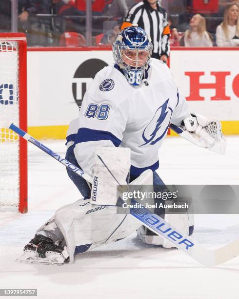 Goaltender Andrei Vasilevskiy of the Tampa Bay Lightning defends the net against the Florida Panthers in Game One of the Second Round of the 2022 NHL...