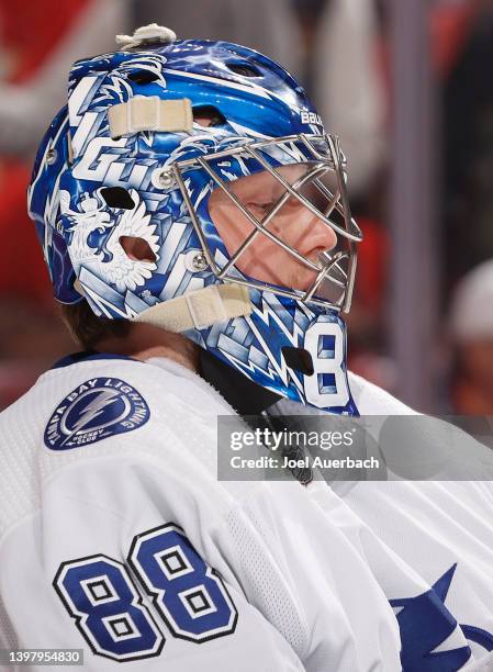 Goaltender Andrei Vasilevskiy of the Tampa Bay Lightning looks up ice at the start of the game against the Florida Panthers in Game One of the Second...