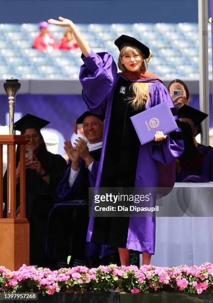 Taylor Swift is awarded an honorary Doctorate of Fine Arts degree at the New York University 2022 Commencement at Yankee Stadium on May 18, 2022 in...