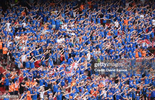 Rangers fans show their support as they take their seats inside the stadium prior to the UEFA Europa League final match between Eintracht Frankfurt...
