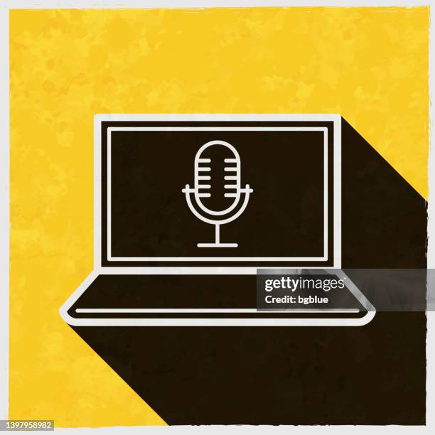 laptop with microphone. icon with long shadow on textured yellow background - voice command computer stock illustrations