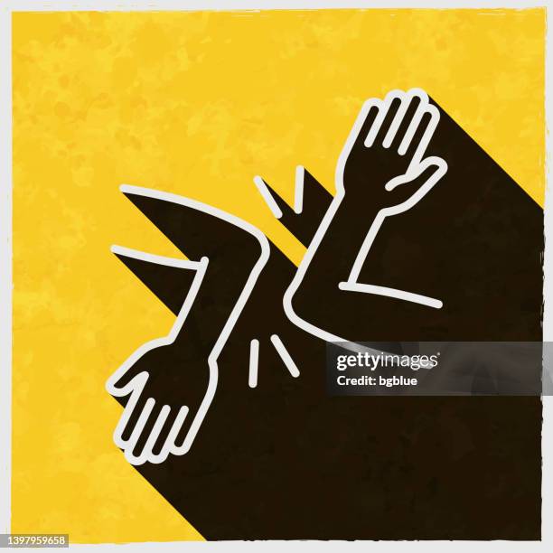 elbow bump - novel greeting. icon with long shadow on textured yellow background - avoidance icon stock illustrations