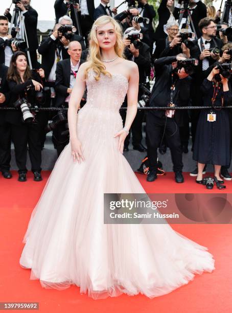 Elle Fanning attends the screening of "Top Gun: Maverick" during the 75th annual Cannes film festival at Palais des Festivals on May 18, 2022 in...