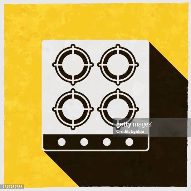 stockillustraties, clipart, cartoons en iconen met gas stove - top view. icon with long shadow on textured yellow background - burner stove top