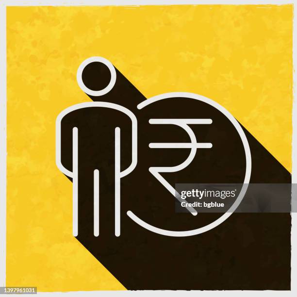 person with indian rupee sign. icon with long shadow on textured yellow background - rupee stock illustrations