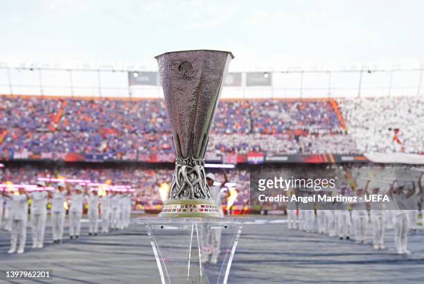 Detailed view of the UEFA Europa League trophy on the pitch prior to the UEFA Europa League final match between Eintracht Frankfurt and Rangers FC at...