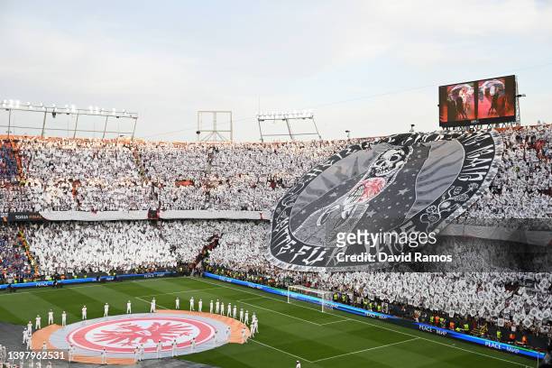 General view inside the stadium as the fans of Eintracht Frankfurt show their support with a large flag prior to the UEFA Europa League final match...