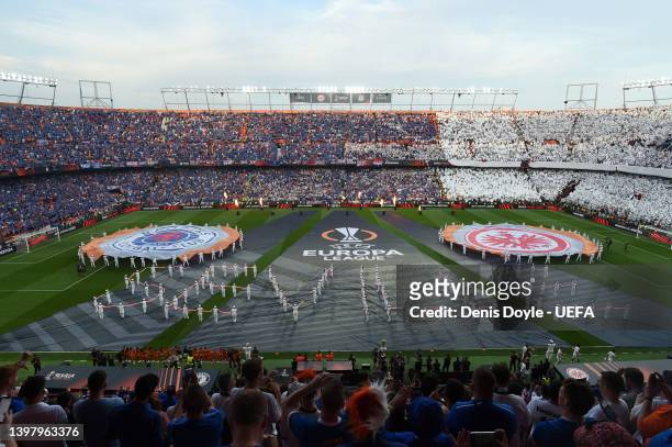 General view inside the stadium as performers perform prior to the UEFA Europa League final match between Eintracht Frankfurt and Rangers FC at...