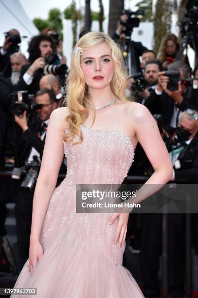 Elle Fanning attends the screening of "Top Gun: Maverick" during the 75th annual Cannes film festival at Palais des Festivals on May 18, 2022 in...