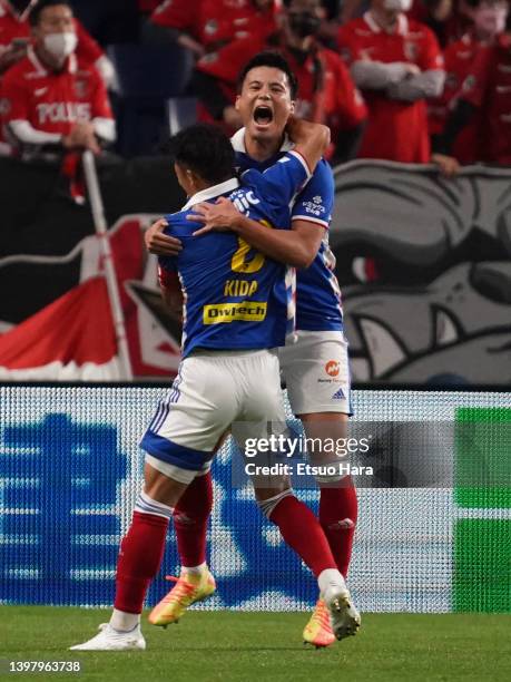 Ryo Miyaichi of Yokohama F.Marinos celebrates scoring his side's third goal during the J.LEAGUE Meiji Yasuda J1 11th Sec. Match between Urawa Red...