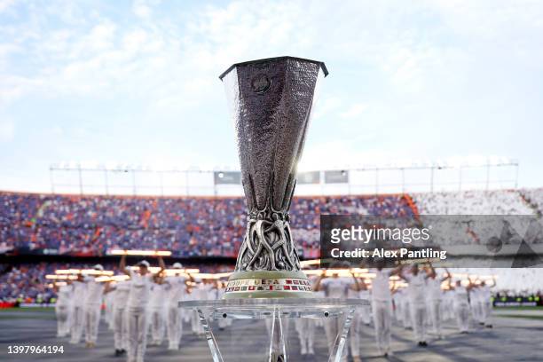 Detailed view of the UEFA Europa League Trophy prior to the UEFA Europa League final match between Eintracht Frankfurt and Rangers FC at Estadio...