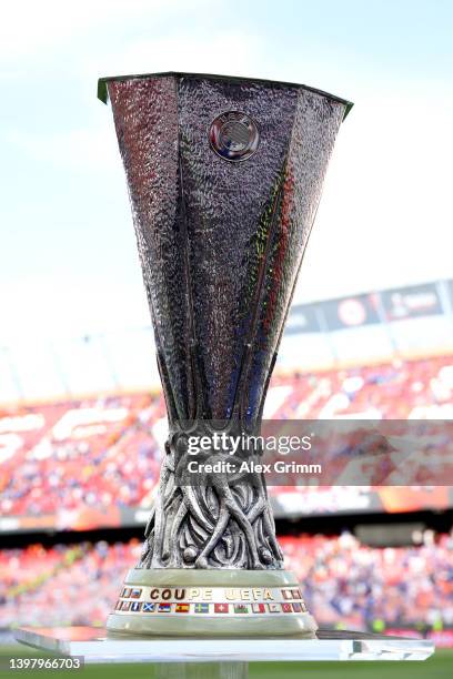 Detailed view of the UEFA Europa League Trophy prior to the UEFA Europa League final match between Eintracht Frankfurt and Rangers FC at Estadio...