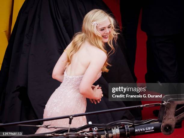 Elle Fanning attends the screening of "Top Gun: Maverick" during the 75th annual Cannes film festival at Palais des Festivals on May 18, 2022 in...