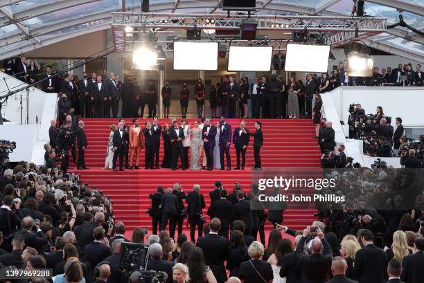 Cast of the movie attend the screening of "Top Gun: Maverick" during the 75th annual Cannes film festival at Palais des Festivals on May 18, 2022 in...