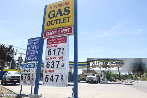 Gas prices over $6.00 per gallon are displayed at a gas station on May 18, 2022 in Petaluma, California. Gas prices in California have surpassed...