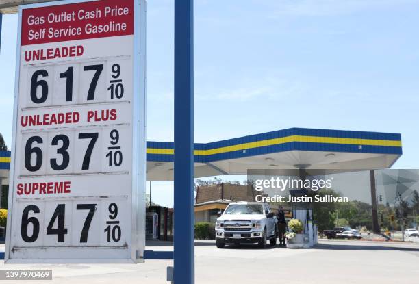 Gas prices over $6.00 per gallon are displayed at a gas station on May 18, 2022 in Petaluma, California. Gas prices in California have surpassed...