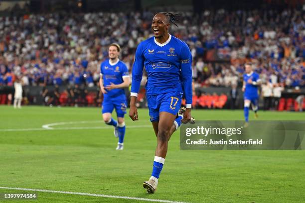 Joe Aribo of Rangers celebrates after scoring their sides first goal during the UEFA Europa League final match between Eintracht Frankfurt and...