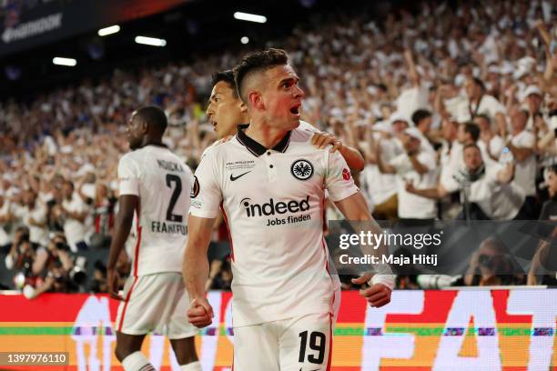 Rafael Santos Borre of Eintracht Frankfurt celebrates after scoring their team's first goal during the UEFA Europa League final match between...