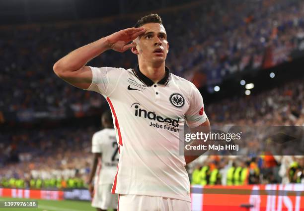 Rafael Santos Borre of Eintracht Frankfurt celebrates after scoring their team's first goal during the UEFA Europa League final match between...