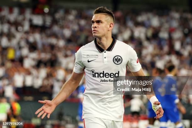 Rafael Santos Borre of Eintracht Frankfurt celebrates after scoring their team's first goal during the UEFA Europa League final match between...