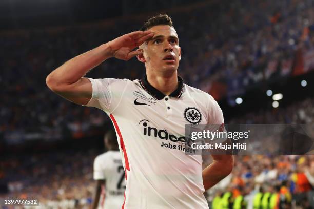 Rafael Santos Borre of Eintracht Frankfurt celebrates after scoring their team's first goal during the UEFA Europa League final match between...