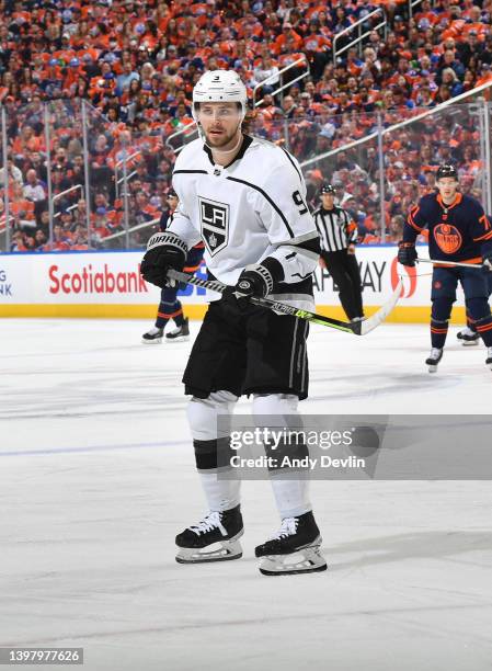 Adrian Kempe of the Los Angeles Kings skates during Game Seven of the First Round of the 2022 Stanley Cup Playoffs against the Edmonton Oilers on May...