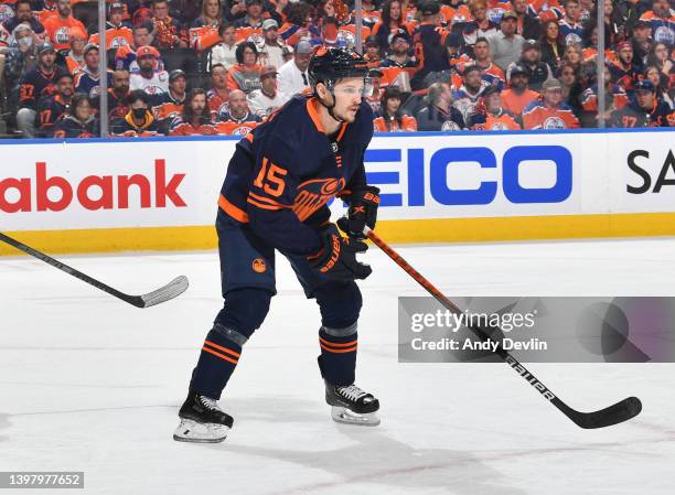 Josh Archibald of the Edmonton Oilers skates during Game Seven of the First Round of the 2022 Stanley Cup Playoffs against the Los Angeles Kings on...