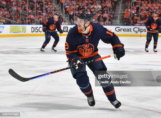 Zach Hyman of the Edmonton Oilers skates during Game Seven of the First Round of the 2022 Stanley Cup Playoffs against the Los Angeles Kings on May...