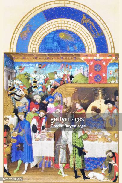 The month of giving New Years' gifts. Jean de Berry himself can be seen on the right, wearing the brilliant blue robe. The Limbourg brothers were...