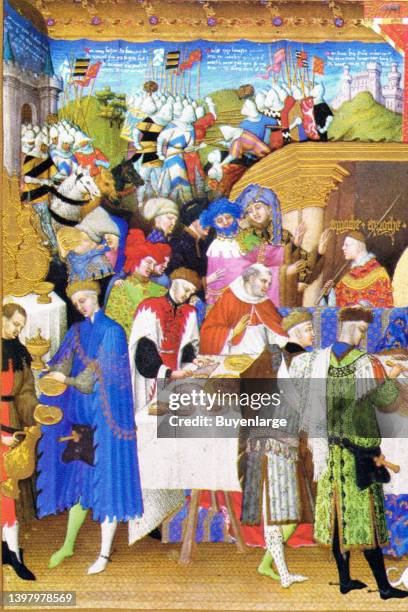 The month of giving New Years' gifts. Jean de Berry himself can be seen on the right, wearing the brilliant blue robe. The Limbourg brothers were...