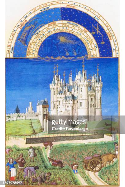 Probably the most famous of the calendar images. The grapes are being harvested by the peasants and carried into the beautifully detailed Chateau de...