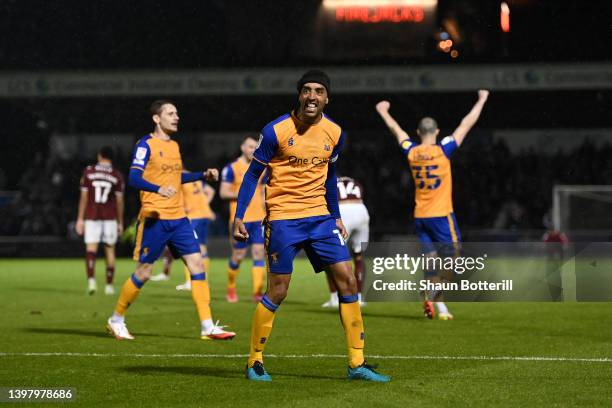 James Perch of Mansfield Town celebrates after their sides victory during the Sky Bet League Two Play-off Semi Final 2nd Leg match between...