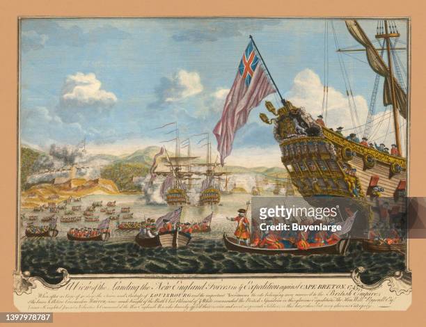 View of the English landing on the island of Cape Breton to attack the fortress of Louisbourg. 1745. Artist Unknown, 1747