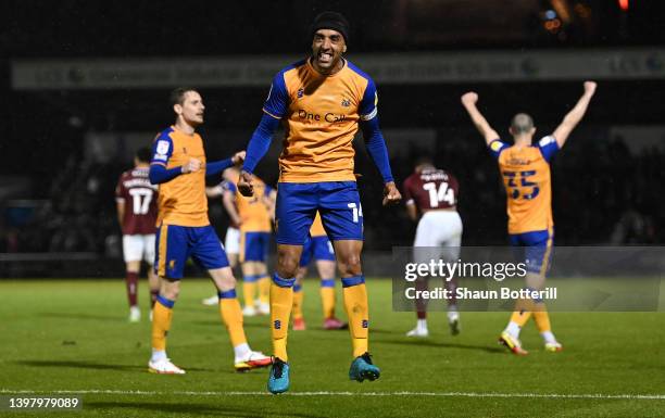 James Perch of Mansfield Town celebrates after their sides victory during the Sky Bet League Two Play-off Semi Final 2nd Leg match between...