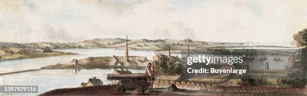 Noddle Island and the Mill Pond. Ink and watercolor manuscript panoramic view depicting the area around Boston during the siege after the Battle of...