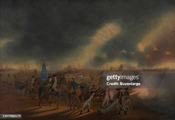 The Battle of Princeton on January 3, 1777. Also depicts George Washington's personal flag, or headquarters flag, thirteen white six-pointed stars in...