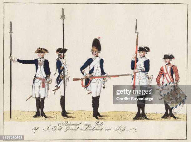 Illustrated bookplate of Hessian soldiers in their 1784 uniforms. Printed in the book, "Armée Hessoise" by JH Carl & JC Muller in 1805. Artist J.H....