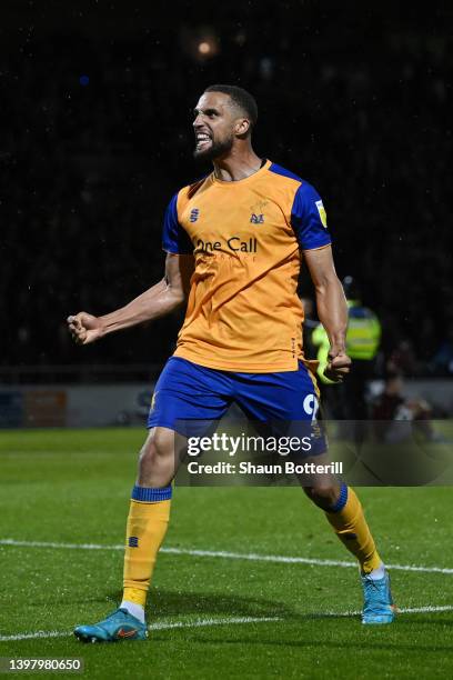 Jordan Bowery of Mansfield Town celebrates with the fans after their sides victory during the Sky Bet League Two Play-off Semi Final 2nd Leg match...