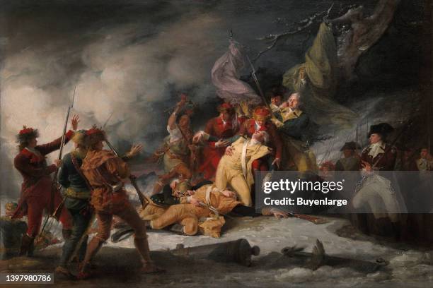 The Death of General Montgomery in the Attack on Quebec, December 31, 1775. An oil painting by John Trumbull. It depicts the tragic death of the...