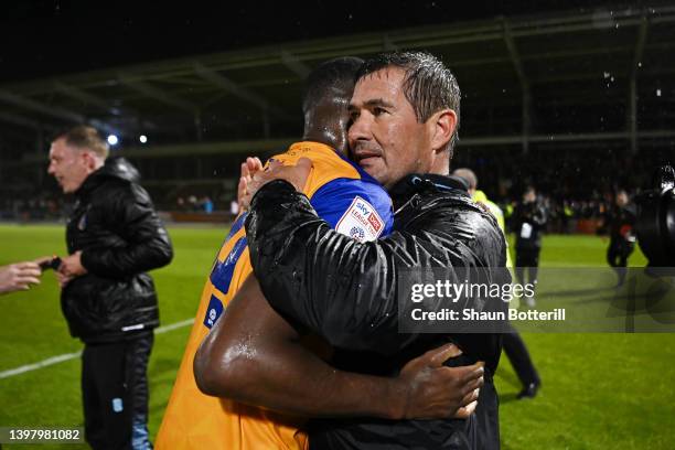 Nigel Clough, Manager of Mansfield Town celebrates after their sides victory during the Sky Bet League Two Play-off Semi Final 2nd Leg match between...