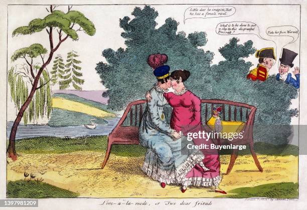 Lady Strachan and Lady Warwick making love in a park, while their husbands look on with disapproval. Coloured etching, ca. 1820. "One of the ladies...