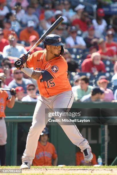 Martin Maldonado of the Houston Astros prepares for a pitch during a baseball game against the Washington Nationals at Nationals Park on May 15, 2022...