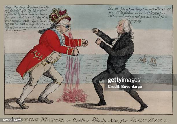 The artist gloats over naval losses suffered by England early in the War of 1812, in particular the defeat of the warship "Boxer" by the American...