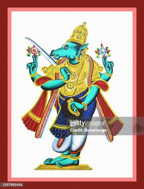 Four-armed, horse-headed Kalki, one of the avatar of Vishnu, stands in samabhanga on a low dais. In his upper right hand is the chakra , in his upper...