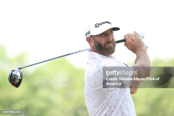 Dustin Johnson of the United States plays his shot from the ninth tee during a practice round prior to the start of the 2022 PGA Championship at...