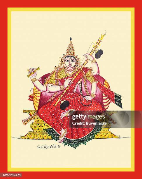 Four-armed, fair-complexioned Sarasvatī. She is shown seated in lalitasana on an ornate throne, leaning against a bolster, with a book in her upper...