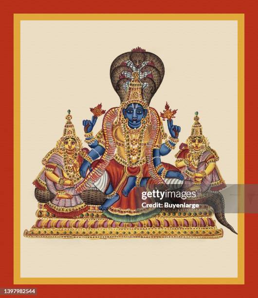 Vishnu, flanked by his consorts, sits in lalitasana on the coils of the serpent Shesha , whose extended hoods form a canopy over his head. In his...