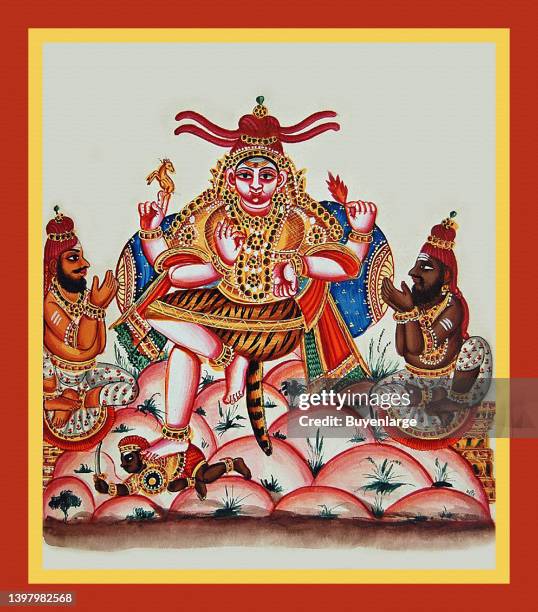 Shiva as Dakṣinamúrti, shown with four arms and seated with his right leg crossed over his left and held in place by a yogapatta, sits on the summit...