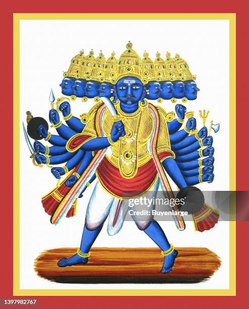 Nine-headed and eighteen-armed Ravaṇa stands in pratyalidha. He carries a sword in his centre right hand and a shield in his centre left. In his...